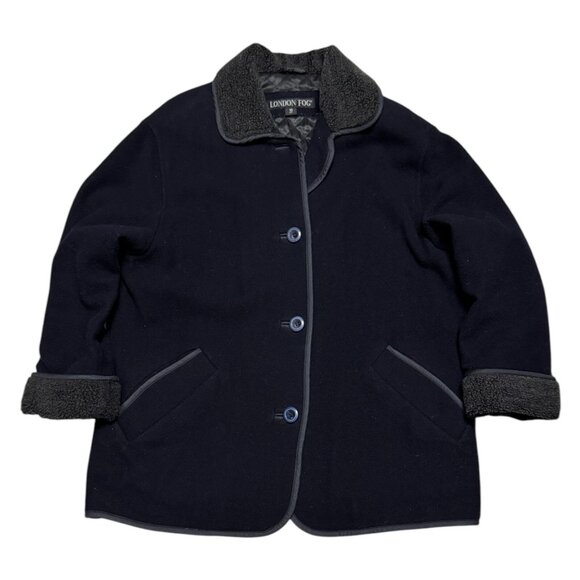 LONDON FOG Designer WOOL Sherpa Fleece  Blue Winter Parka Coat Womens 10 Petite - Picture 2 of 7